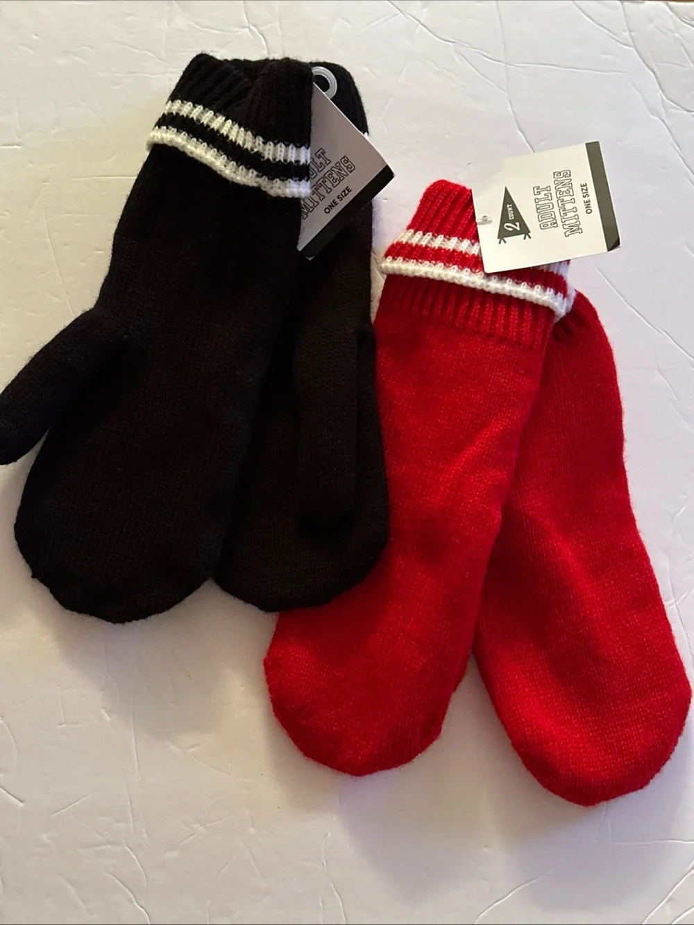 Women’s 2-Pack Knit Mittens Black & Red White Stripes Bundle New